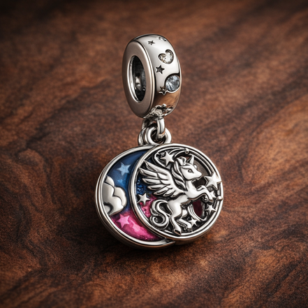 Unicorn Moon Dangle - Unicorn Crescent Moon Dangle — display on walnut