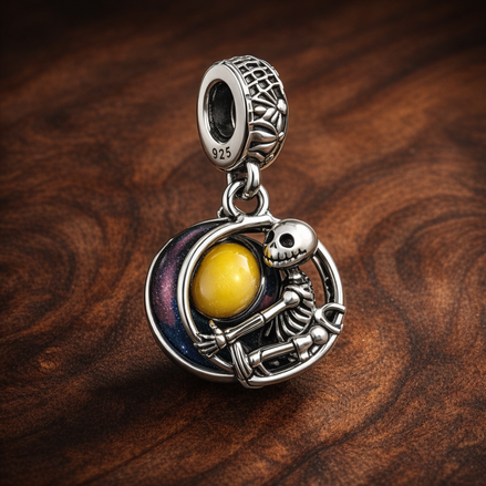 Skeleton Figure And Moon - Sterling Silver Skeleton Figure And Moon Dangle Charm With Enamel — display on walnut