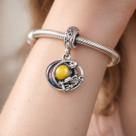 Skeleton Figure And Moon - Sterling Silver Skeleton Figure And Moon Dangle Charm With Enamel — worn on wrist