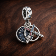 Compass Explorer Dangle - Navy Compass Adventure Charm — display on walnut