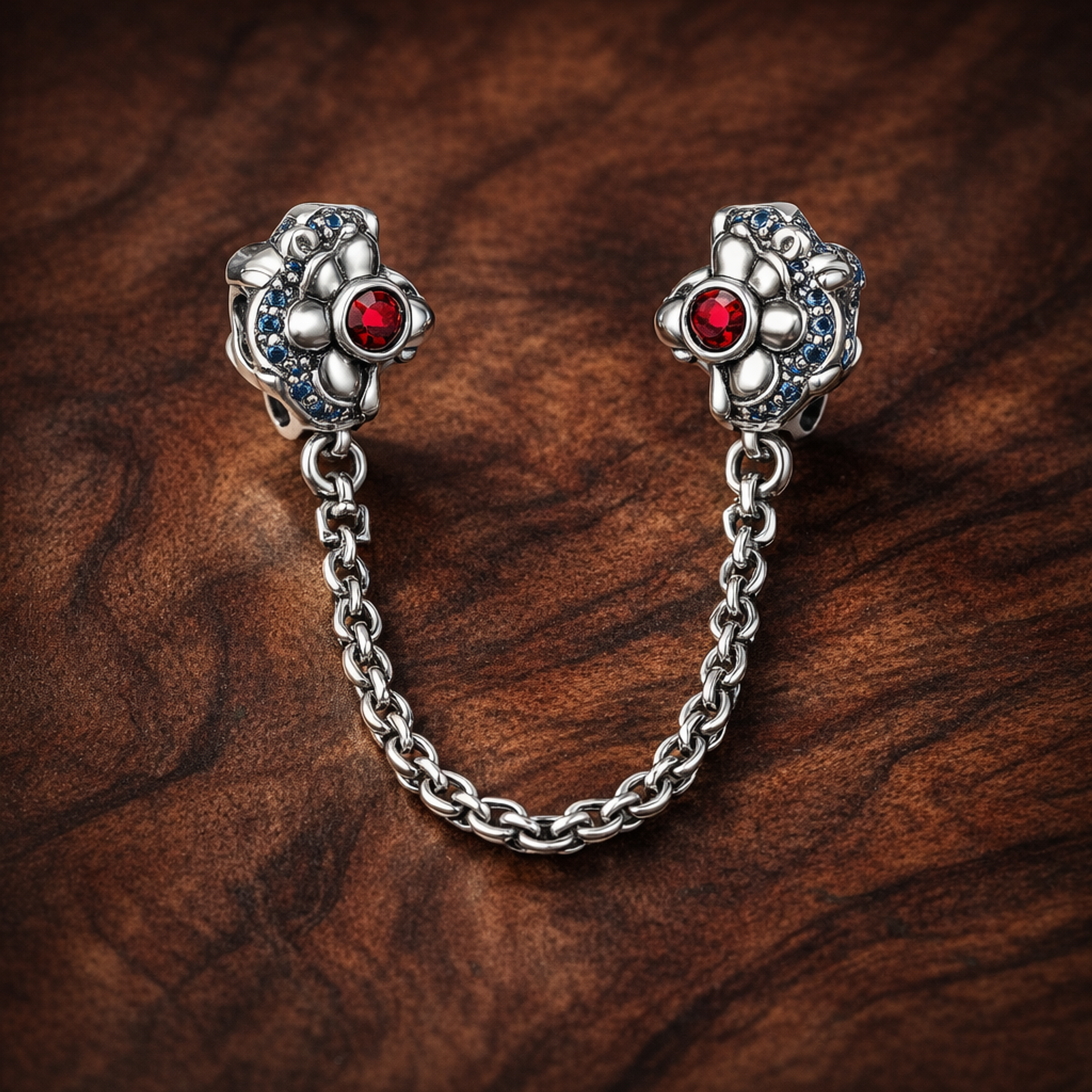 Flower Safety Chain - Pink Flower Safety Chain Charm — display on walnut