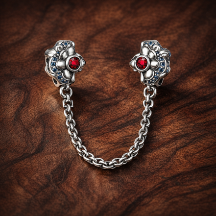 Flower Safety Chain - Pink Flower Safety Chain Charm — display on walnut