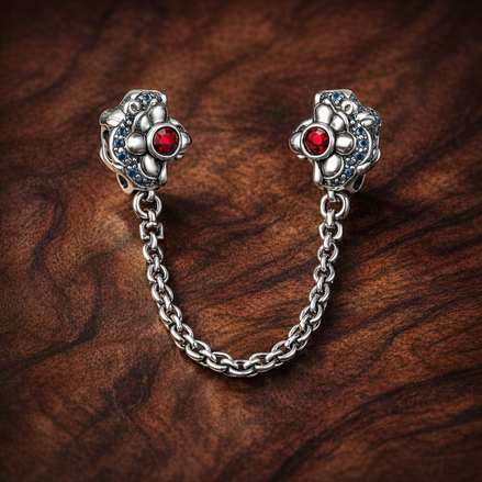 Flower Safety Chain - Pink Flower Safety Chain Charm — display on walnut