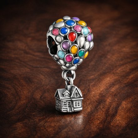 Disney Pixar Up House & Balloons Charm — display on walnut