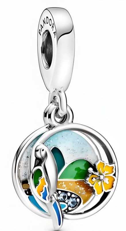Sterling Silver Tropical Scene Dangle Charm with Enamel Parrot