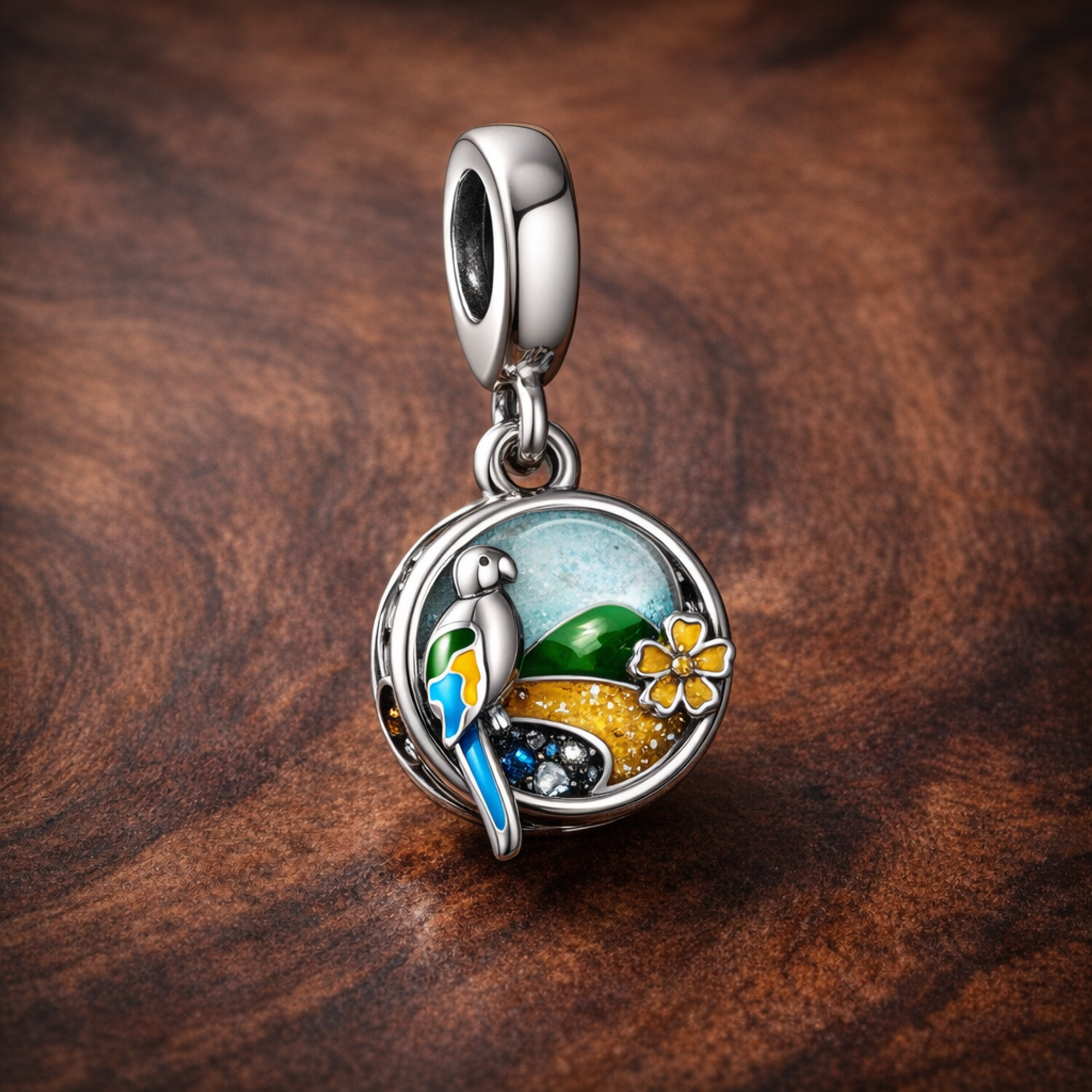 Tropical Parrot Dangle - Parrot Island Dangle Charm — display on walnut