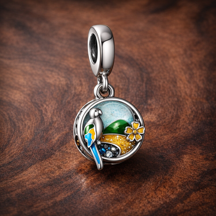 Tropical Parrot Dangle - Parrot Island Dangle Charm — display on walnut