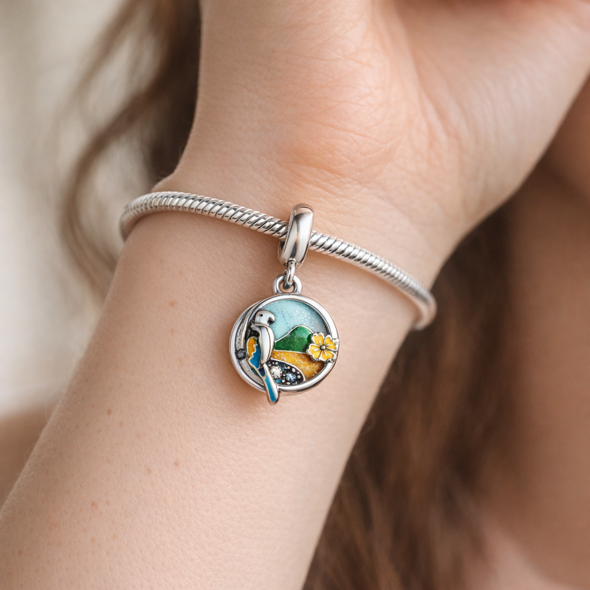 Tropical Parrot Dangle - Parrot Island Dangle Charm — worn on wrist