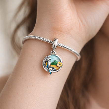 Tropical Parrot Dangle - Parrot Island Dangle Charm — worn on wrist