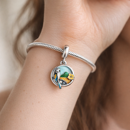 Tropical Parrot Dangle - Parrot Island Dangle Charm — worn on wrist