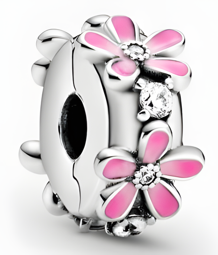 Sterling Silver Pink Enamel Daisy Spacer Charm with Sparkling Stones