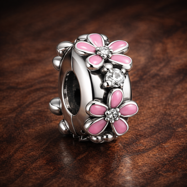 Pink Flower Spacer - Pink Daisy Garden Spacer Charm — display on walnut
