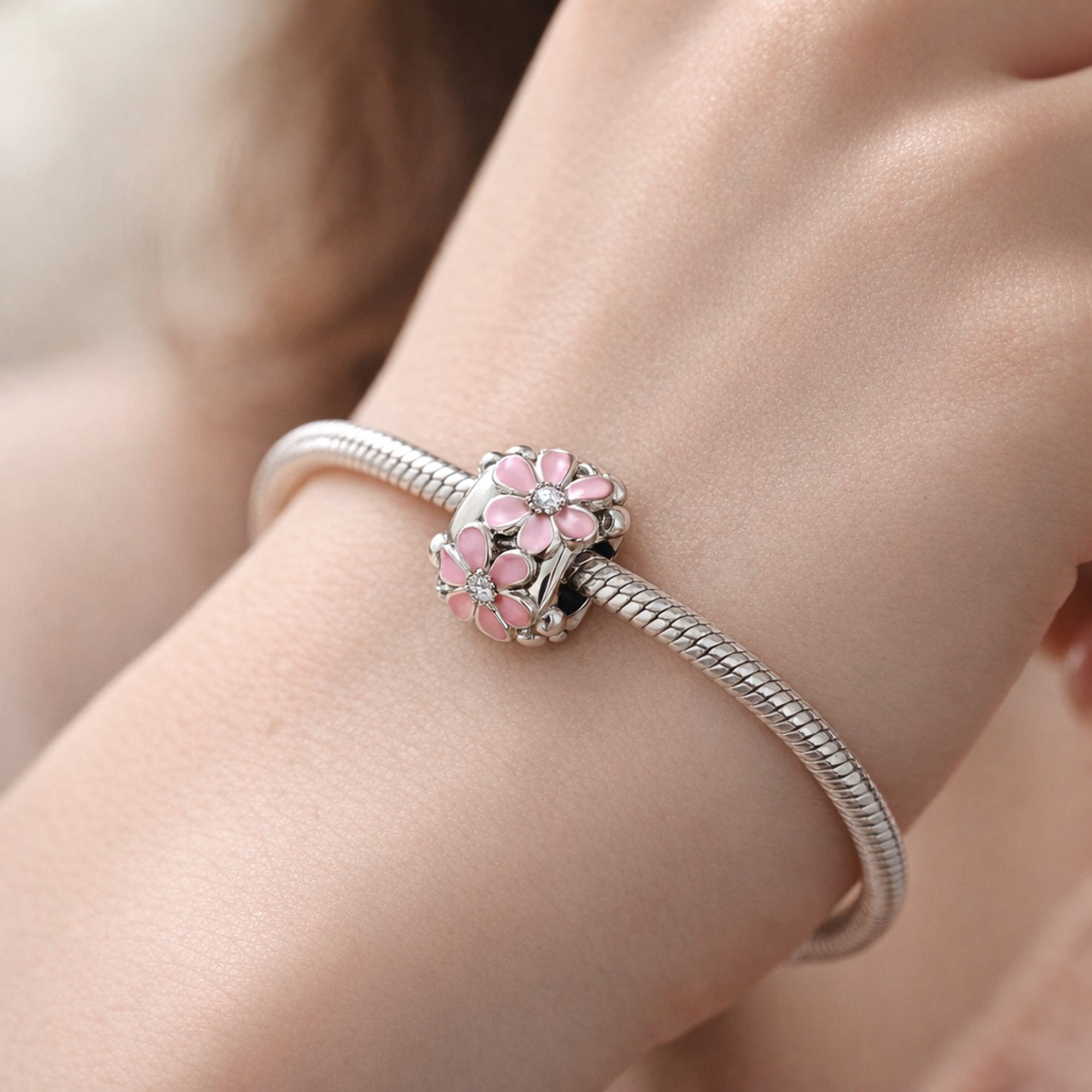 Pink Flower Spacer - Pink Daisy Garden Spacer Charm — worn on wrist