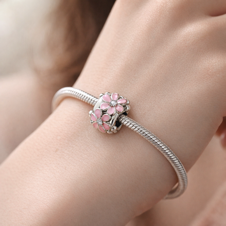 Pink Flower Spacer - Pink Daisy Garden Spacer Charm — worn on wrist
