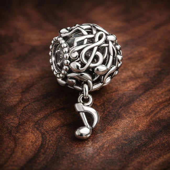 Silver Music Note Dangle - Treble Note Music Dangle Charm — display on walnut
