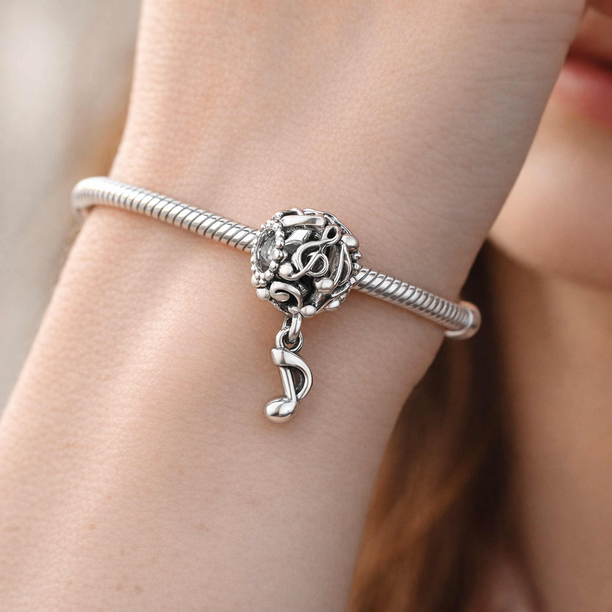 Silver Music Note Dangle - Treble Note Music Dangle Charm — worn on wrist