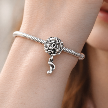 Silver Music Note Dangle - Treble Note Music Dangle Charm — worn on wrist