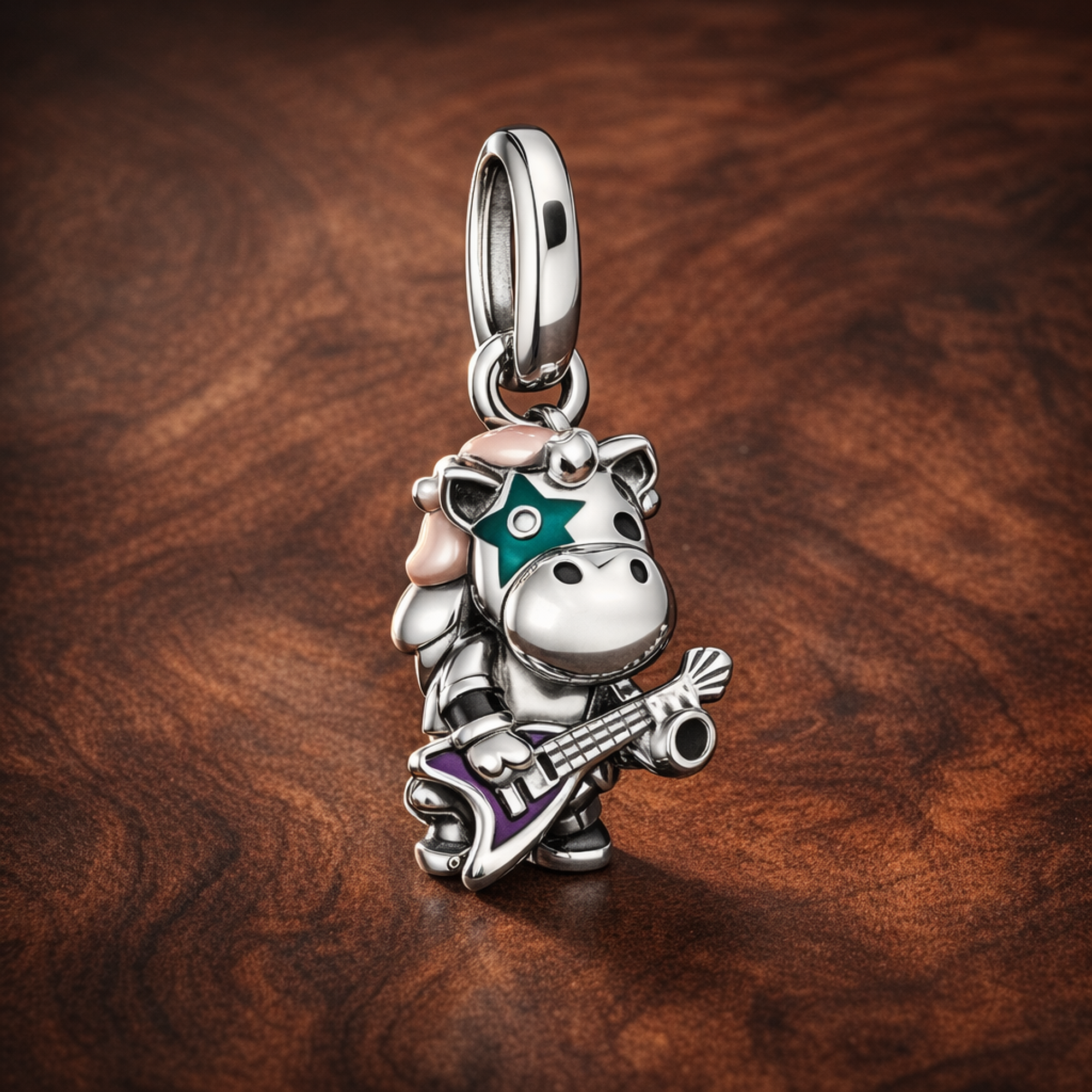 Skater Unicorn Charm - Playful Unicorn Skate Charm — display on walnut