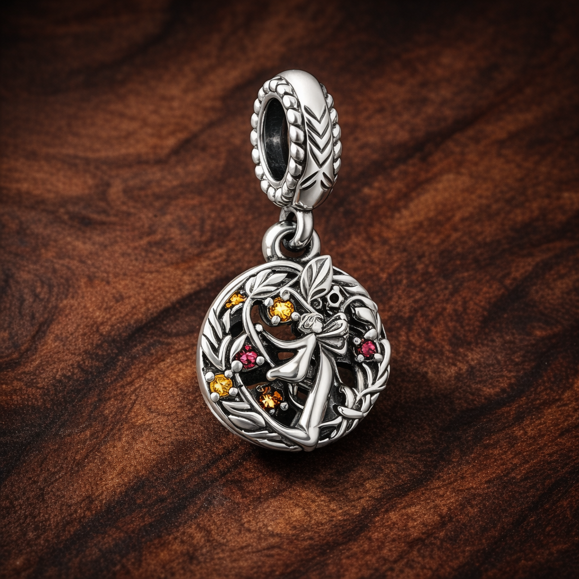 Long Haired Princess Colored Stones - Sterling Silver Long Haired Princess Dangle Charm With Colored Stones — display on walnut