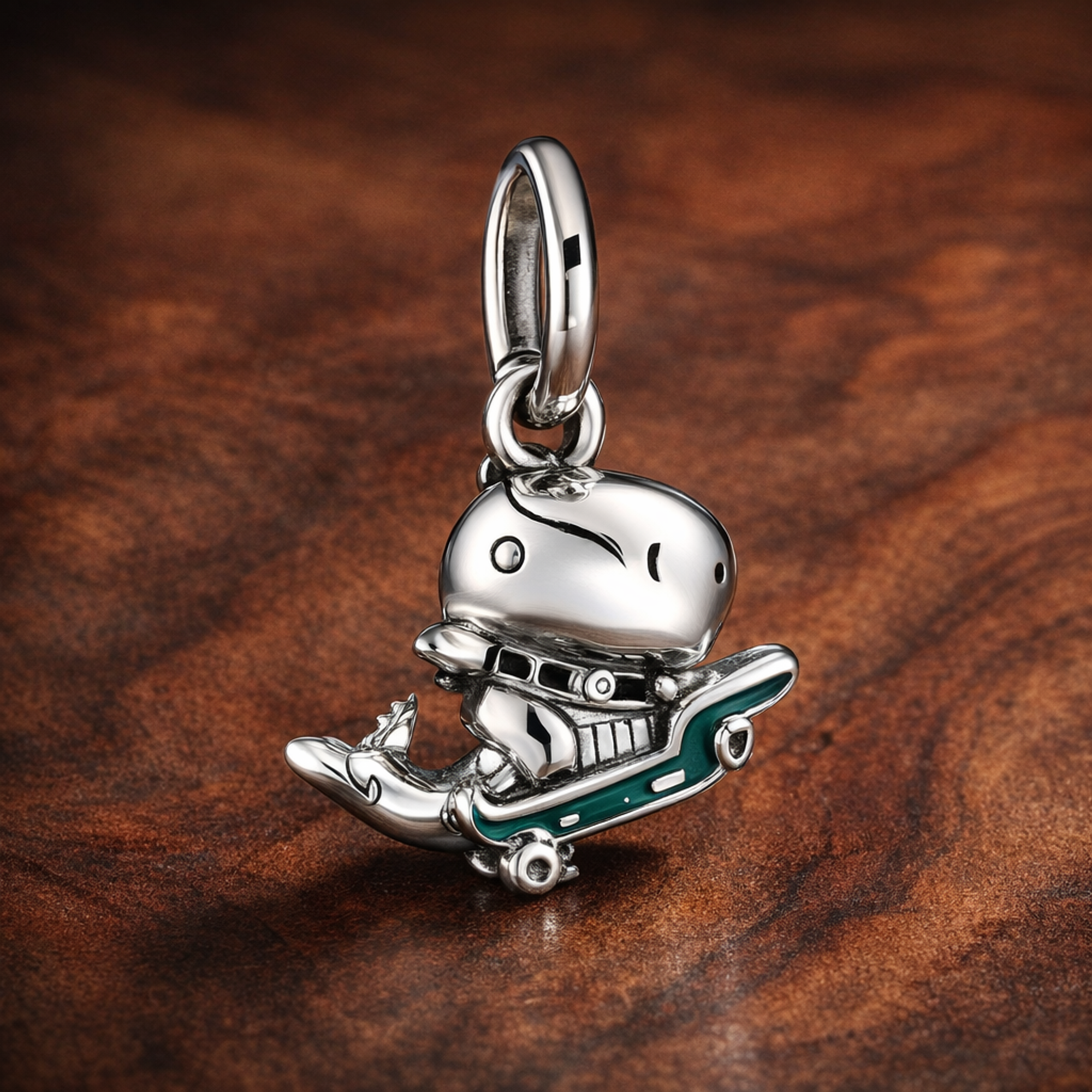 Dinosaur Guitar Teal - Sterling Silver Dinosaur With Guitar Dangle Charm With Teal Enamel — display on walnut