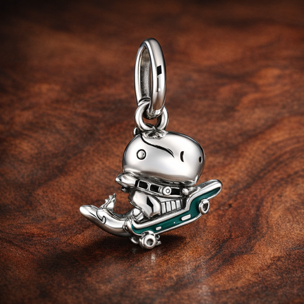 Dinosaur Guitar Teal - Sterling Silver Dinosaur With Guitar Dangle Charm With Teal Enamel — display on walnut
