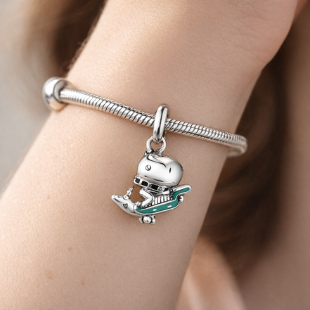 Dinosaur Guitar Teal - Sterling Silver Dinosaur With Guitar Dangle Charm With Teal Enamel — worn on wrist