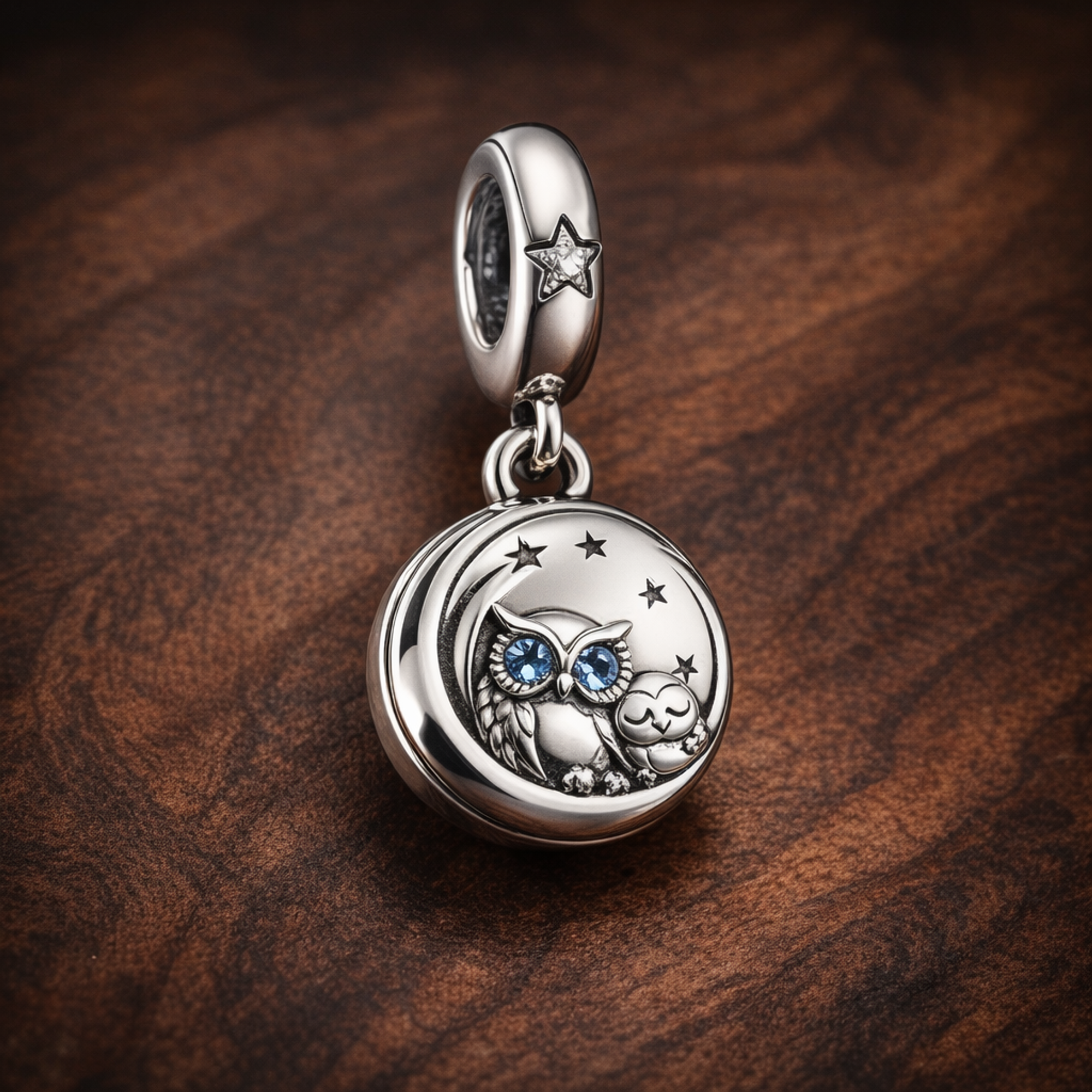Round Portrait Dangle - Silver Round Story Portrait Dangle — display on walnut