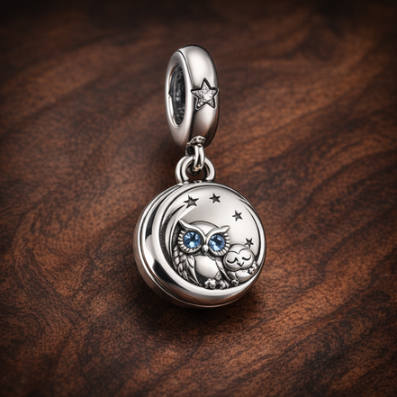 Round Portrait Dangle - Silver Round Story Portrait Dangle — display on walnut