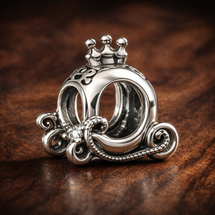 Silver Carriage Charm - Cinderella Silver Carriage Charm — display on walnut