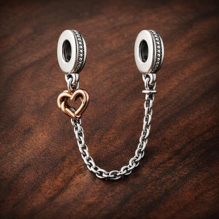 Heart Safety Chain - Rose Heart Safety Chain Charm — display on walnut