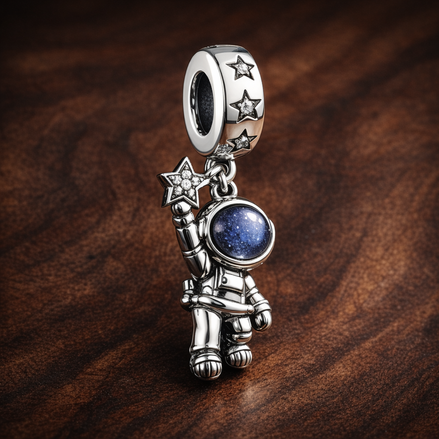 Astronaut Blue Planet Dangle Charm - Astronaut Blue Planet Dangle Charm — display on walnut