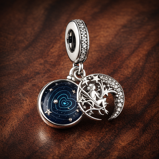Sun Moon Orbit Dangle Charm - Sun Moon Orbit Dangle Charm — display on walnut