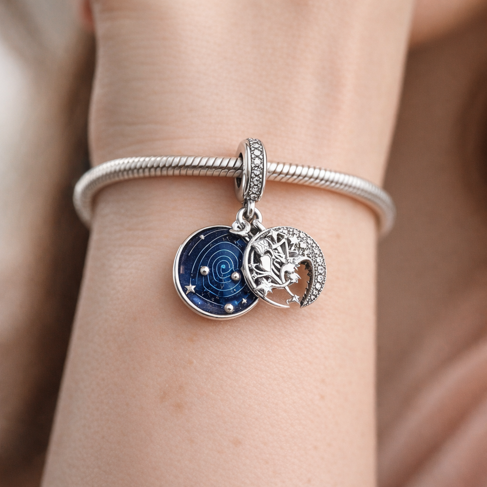 Sun Moon Orbit Dangle Charm - Sun Moon Orbit Dangle Charm — worn on wrist