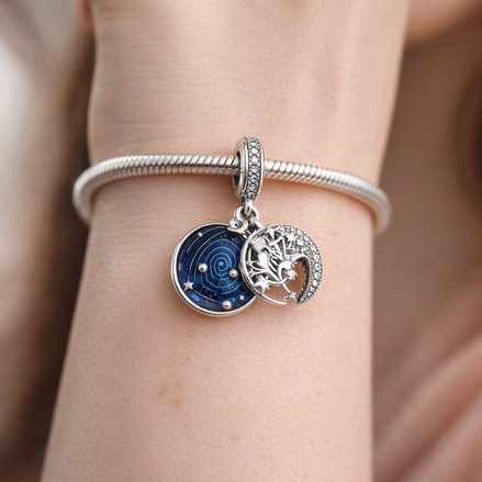 Sun Moon Orbit Dangle Charm - Sun Moon Orbit Dangle Charm — worn on wrist