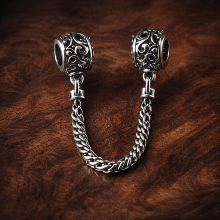 Silver Star Safety Chain Charm - Silver Star Safety Chain Charm — display on walnut