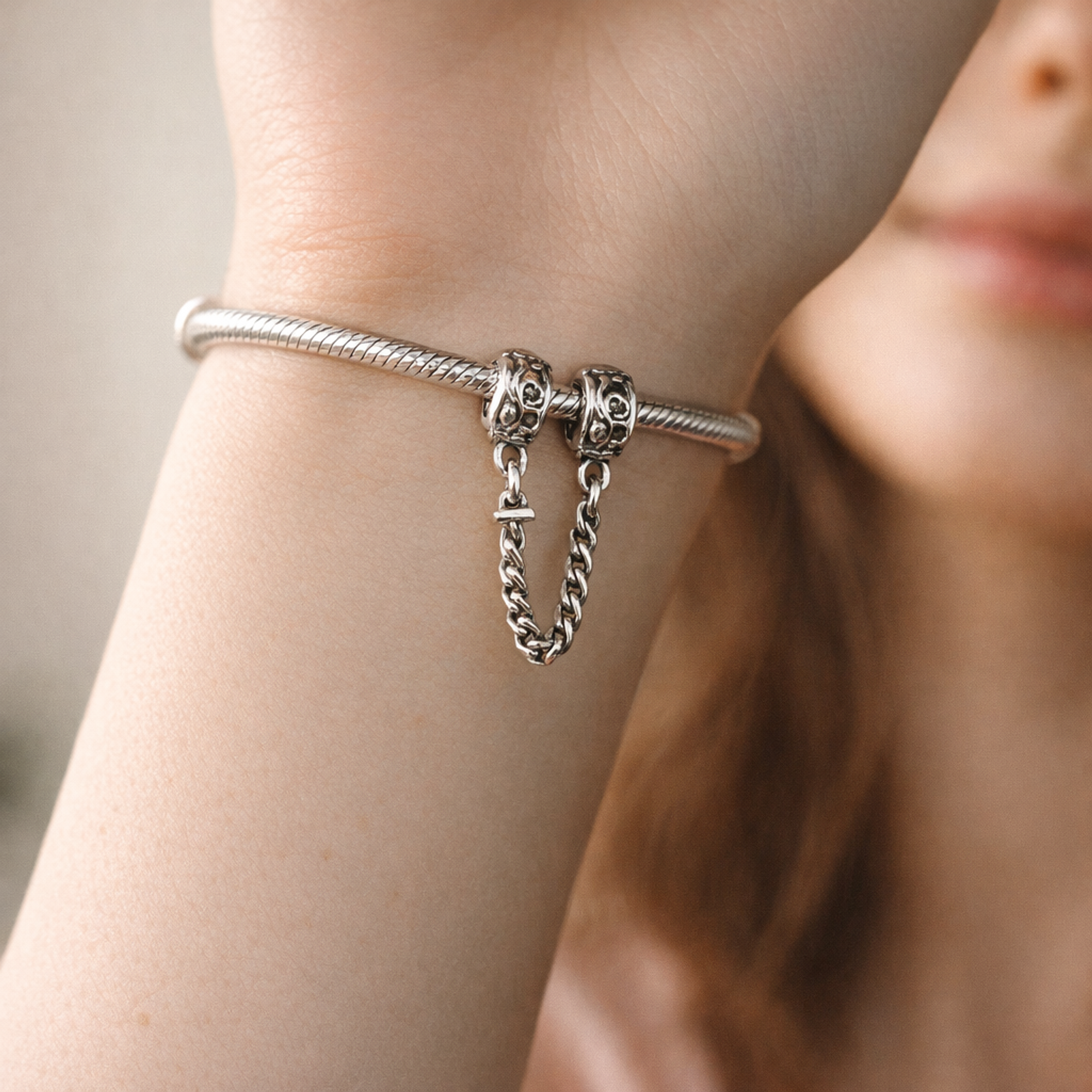 Silver Star Safety Chain Charm - Silver Star Safety Chain Charm — worn on wrist
