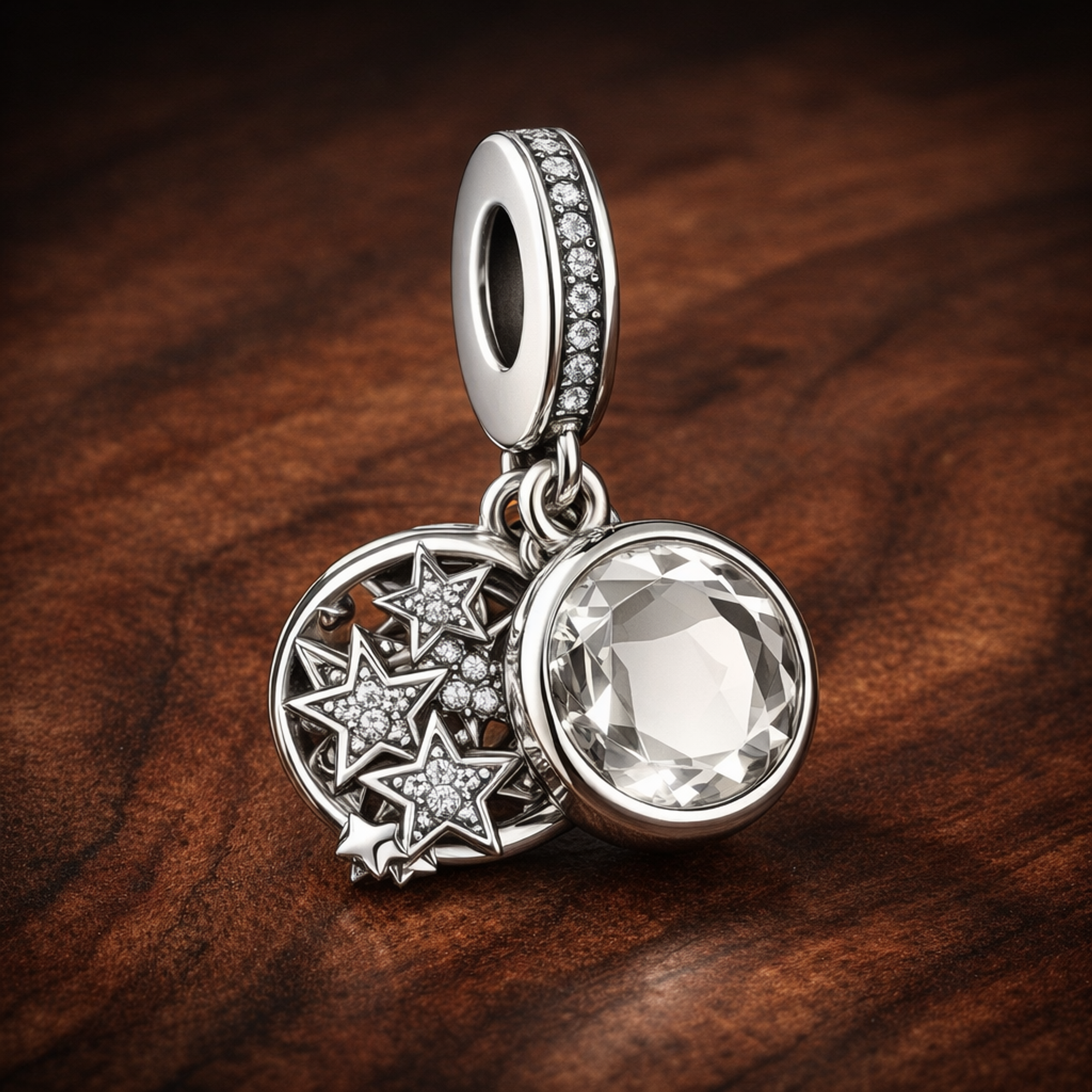 Star Crystal Orb Dangle Charm - Star Crystal Orb Dangle Charm — display on walnut