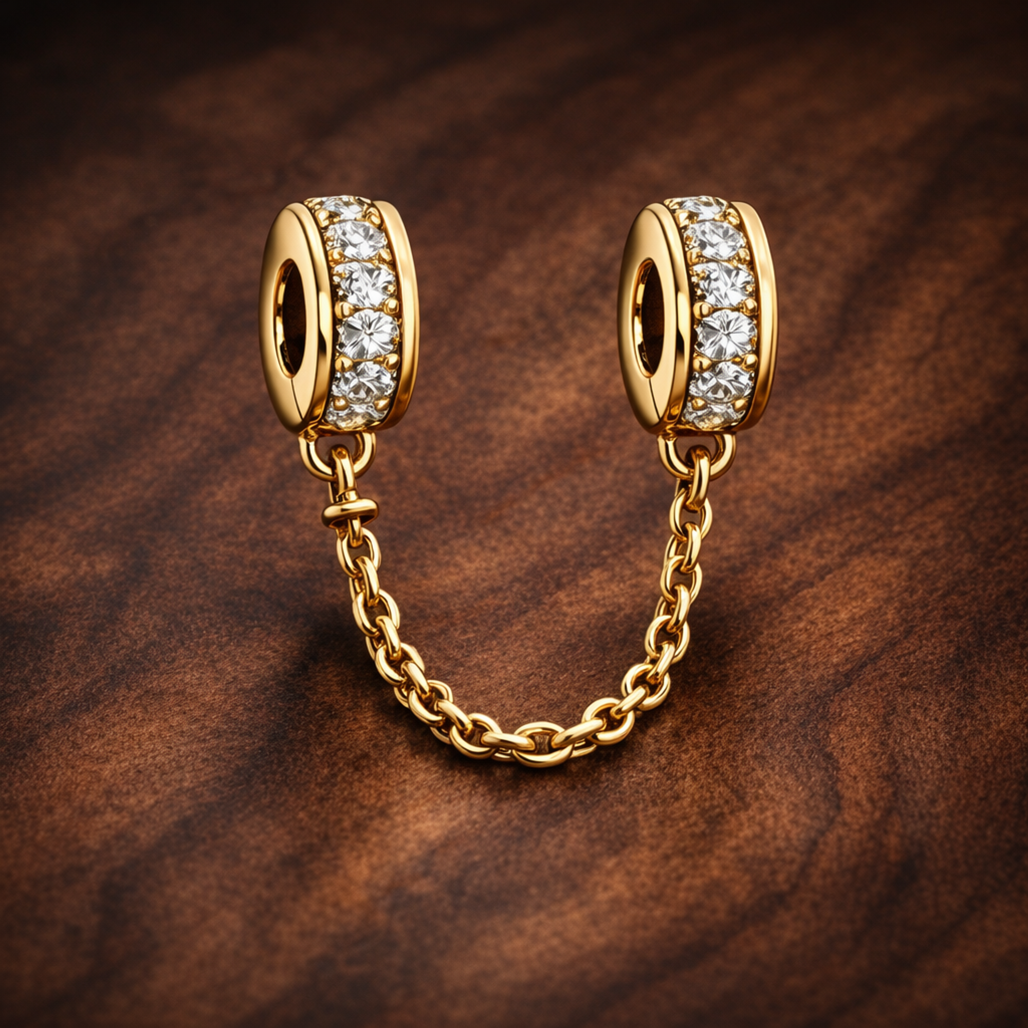 Gold Plated Safety Chain Charm - Gold Plated Safety Chain Charm — display on walnut