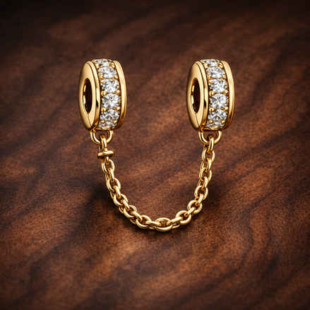 Gold Plated Safety Chain Charm - Gold Plated Safety Chain Charm — display on walnut