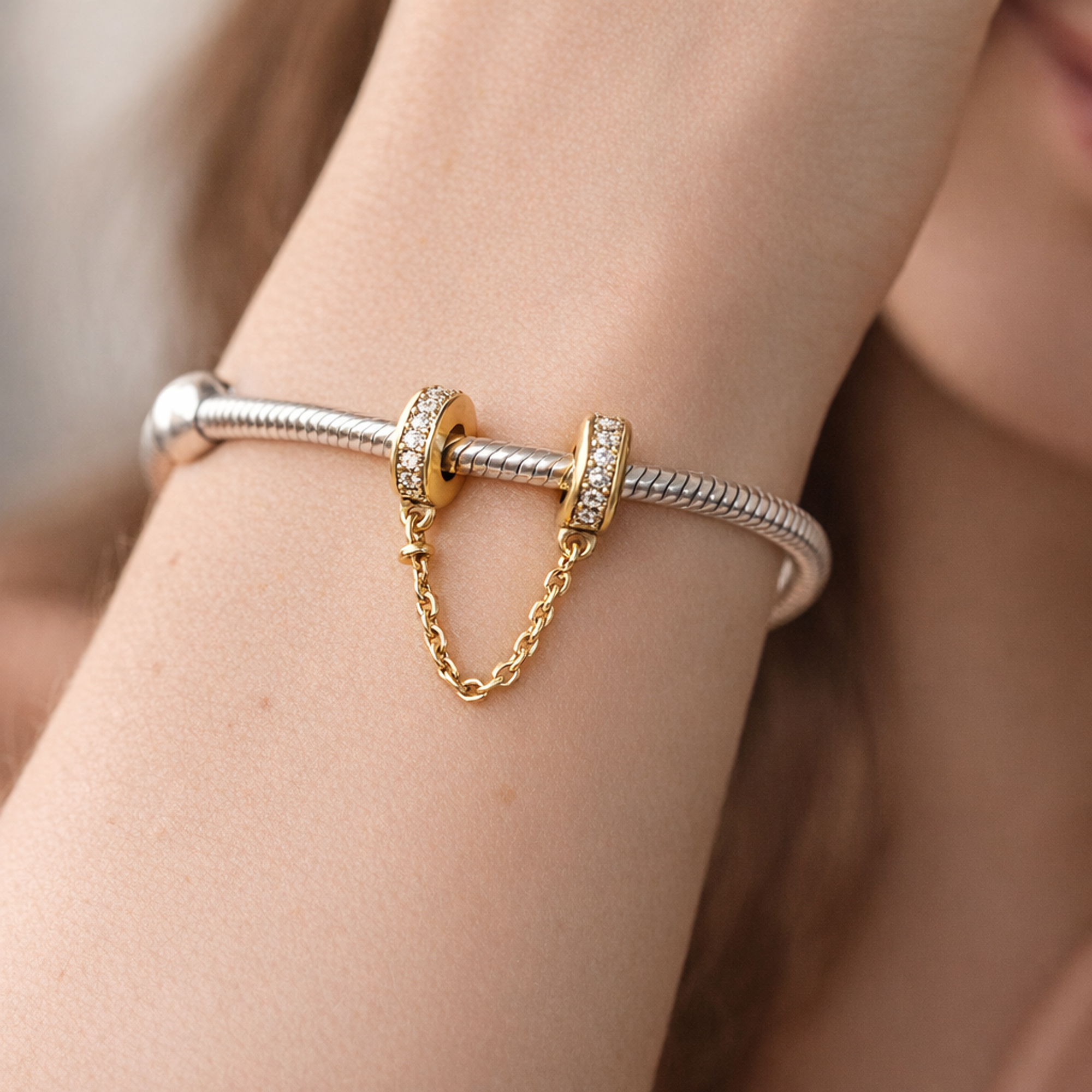Gold Plated Safety Chain Charm - Gold Plated Safety Chain Charm — worn on wrist