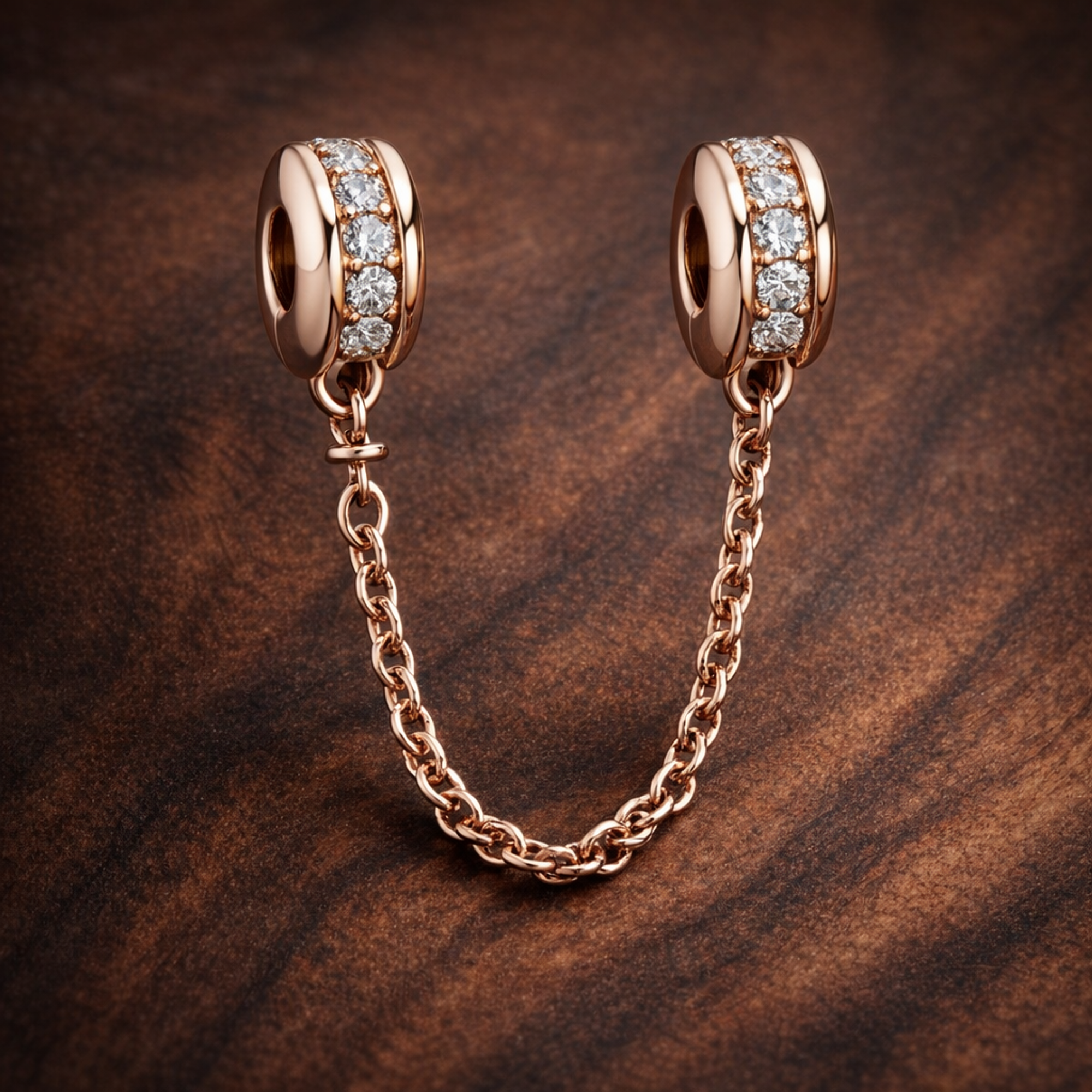 Rose Gold Plated Safety Chain Charm - Rose Gold Plated Safety Chain Charm — display on walnut