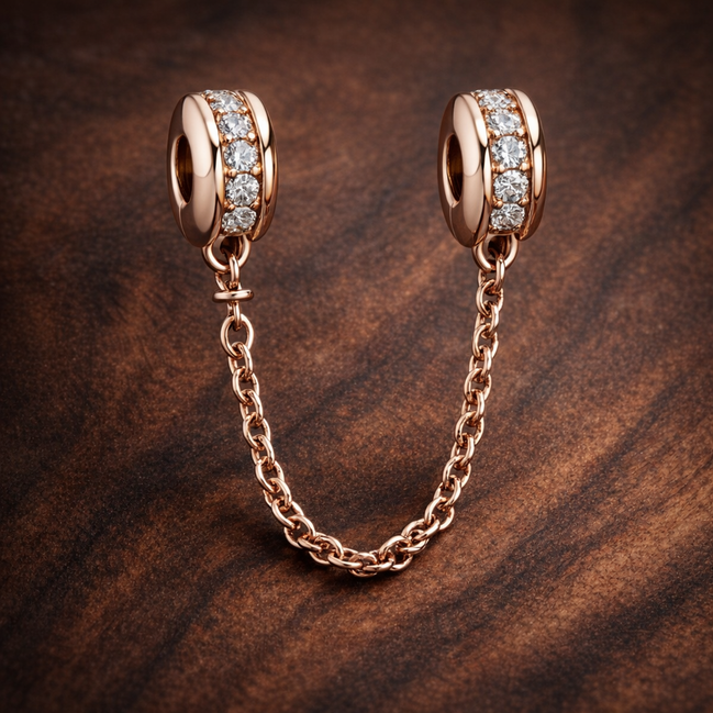 Rose Gold Plated Safety Chain Charm - Rose Gold Plated Safety Chain Charm — display on walnut