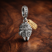 Sci Fi Spaceship Gold Plated Logo - Sterling Silver Sci Fi Spaceship Dangle Charm With Gold Plated Logo — display on walnut
