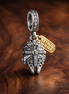Sci Fi Spaceship Gold Plated Logo - Sterling Silver Sci Fi Spaceship Dangle Charm With Gold Plated Logo — display on walnut