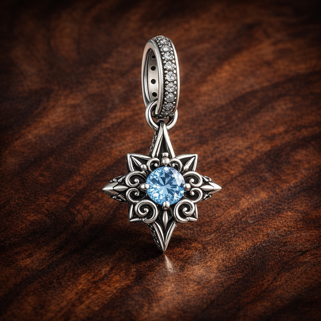 Blue North Star Dangle Charm - Blue North Star Dangle Charm — display on walnut