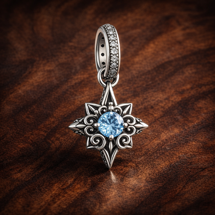 Blue North Star Dangle Charm - Blue North Star Dangle Charm — display on walnut