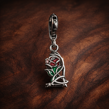 Disney Beauty and the Beast Enchanted Rose Dangle Charm — display on walnut