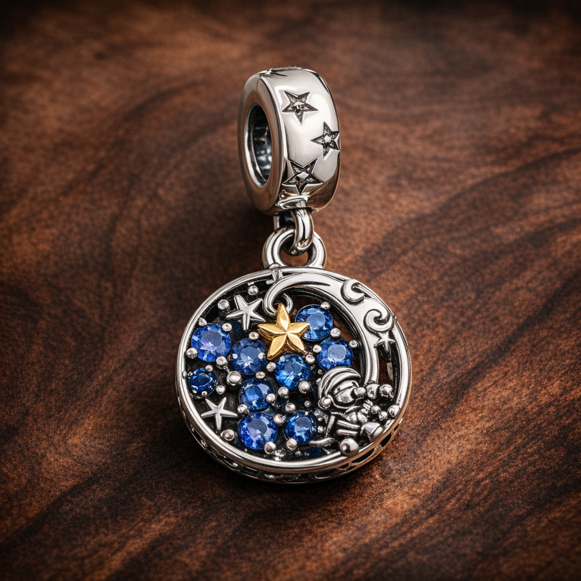 Crescent Moon & Star Night Sky - Crescent Moon & Star Night Sky Dangle Charm — display on walnut
