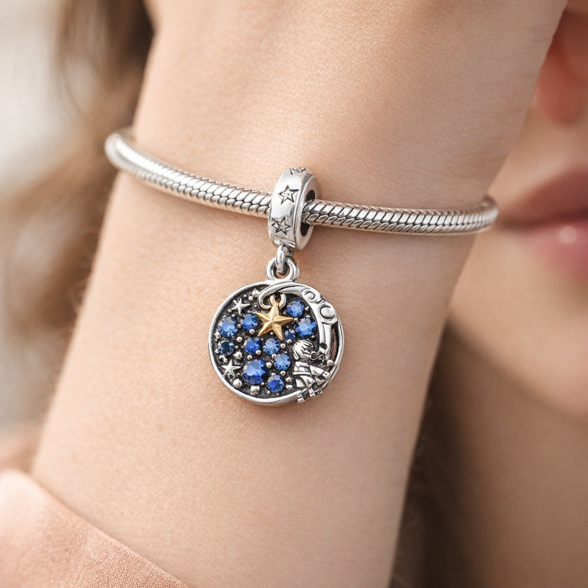 Crescent Moon & Star Night Sky - Crescent Moon & Star Night Sky Dangle Charm — worn on wrist