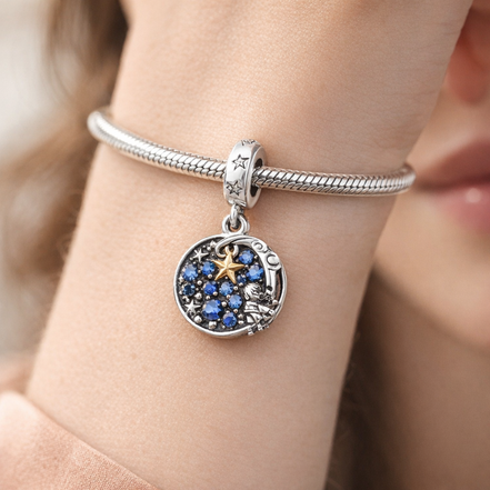 Crescent Moon & Star Night Sky - Crescent Moon & Star Night Sky Dangle Charm — worn on wrist